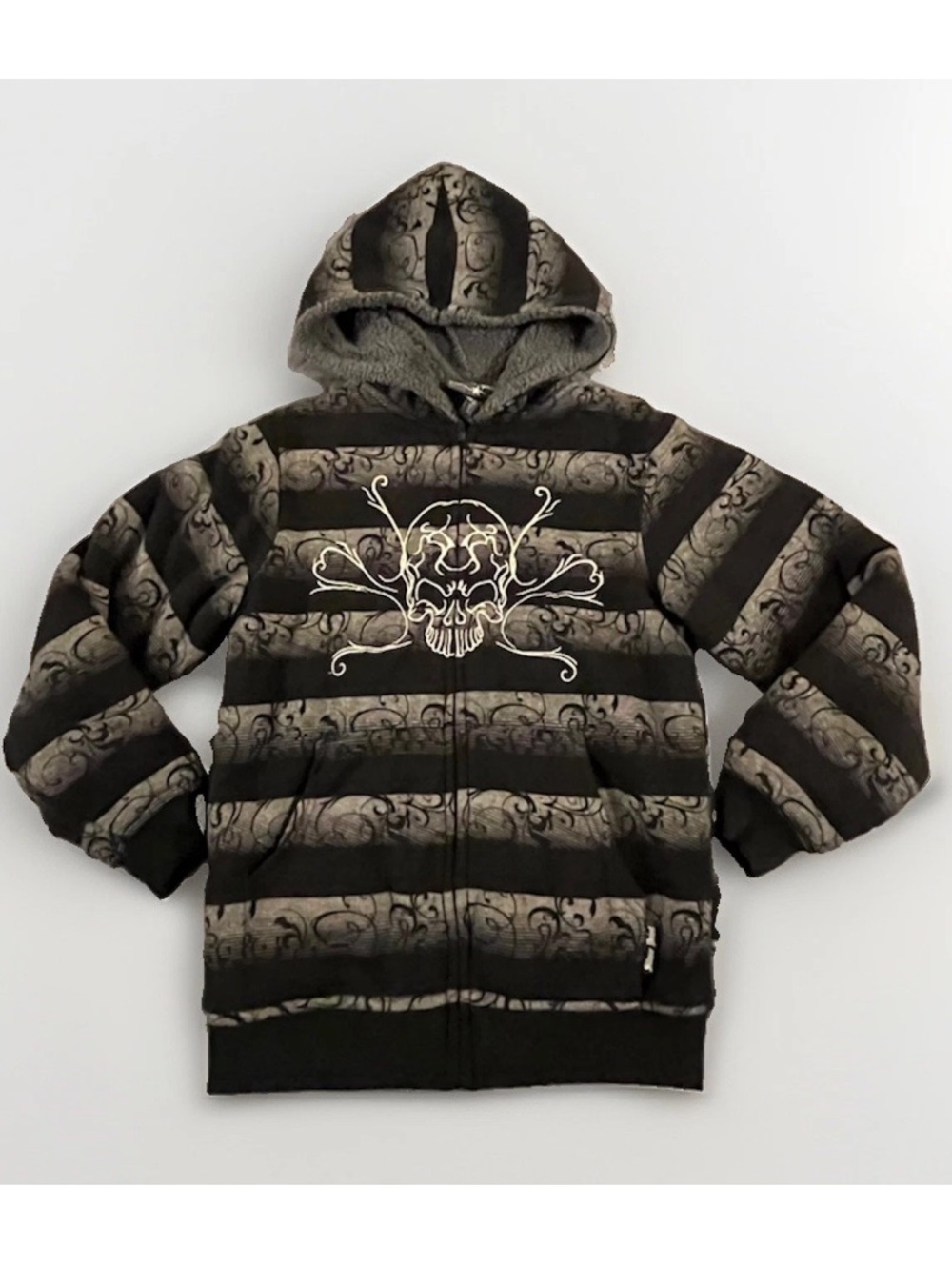 Silver Point Y2K Skull Tribal Grunge Skater Hoodie Sherpa Full Zip Boys L Men XS